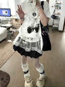 Y2K风格宽松图案白色樱桃蝴蝶结印花复古朋克电子女孩休闲T恤 夏季 - 白色 - 查看 4