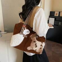 1个秋冬季毛绒“猫咪对话”刺绣手提包，时尚大容量单肩包，女士款 - 彩色 - 查看 5