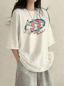 女士宽松圆领短袖字母猫咪印花T恤，春夏款 - 白色 - 查看 3
