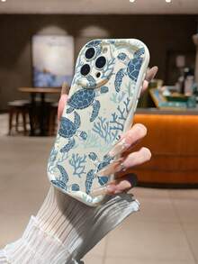 Cream Textured Wavy Edge Glossy Painted Sea Turtle Protective Phone Case Compatible With IPhone/ Galaxy / / - Multicolor - View 3