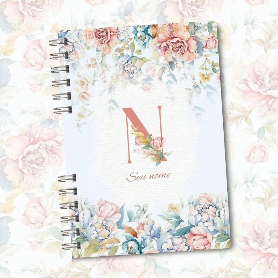 A5 Floral Pink And Blue Notebook Personalized With Initial Of The Alphabet - N - View 1