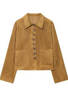 女士休闲宽松仿麂皮长袖外套，秋冬季，纯色麂皮宽松外套，长袖翻领带口袋，春季款 - 卡其色 - 查看 1