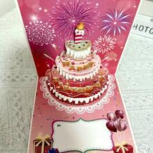 3D Pop-Up Birthday Greeting Card, Handmade With Unique Design Featuring Birthday Cake, Candles And Fireworks Patterns, Made Of High-Quality Paper. An Ideal Thoughtful Gift For Friends, Family And Colleagues. - 1 Piece - Fireworks Pink - View 2