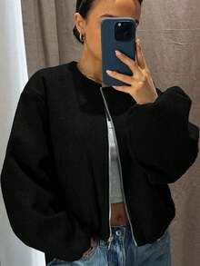 女士棒球夹克飞行员夹克街头风格圆领落肩灯笼袖拉链开衫外套，秋冬 - 黑色 - 查看 9