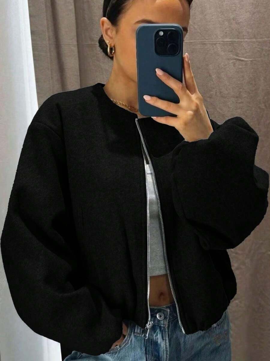 Chaqueta de béisbol para mujer, chaqueta bomber, estilo callejero, cuello redondo, hombros caídos, mangas farol, cremallera, prenda exterior, otoño/invierno negro primavera