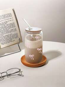 1个粉色蝴蝶结印花玻璃杯，配竹制杯盖和吸管，大容量可重复使用，适合盛装咖啡和果汁，四季皆宜的家庭聚会 - 彩色 - 查看 5