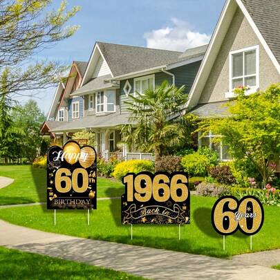 3Pcs 50th 60th 70th Birthday Yard Sign Decorations For Men And Women, Black Gold Themed, Happy Birthday Made In 1956,1966,1976 Lawn Sign Plastic Party Supplies