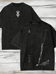 Retro Anime Washed Heavyweight Cotton T-Shirt, Double-Sided Comic Book Style T-Shirt, Dark Harajuku Style Anime T-Shirt, Otaku Fashion Gothic Top, Y2K Casual Men's Top, Streetwear..Jpg - màu đen - Xem 1