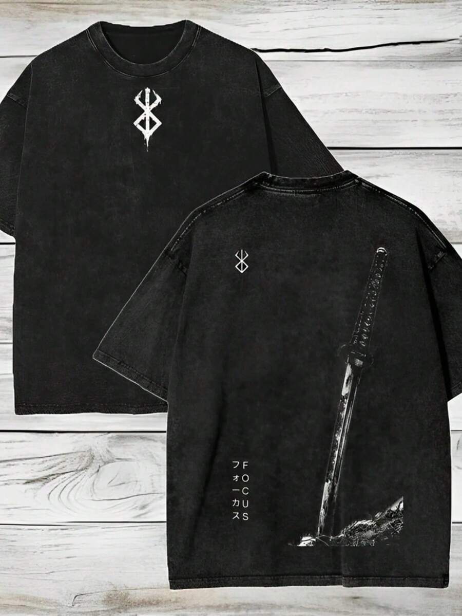 Retro Anime Washed Heavyweight Cotton T-Shirt, Double-Sided Comic Book Style T-Shirt, Dark Harajuku Style Anime T-Shirt, Otaku Fashion Gothic Top, Y2K Casual Men's Top, Streetwear..Jpg - màu đen - Xem 1