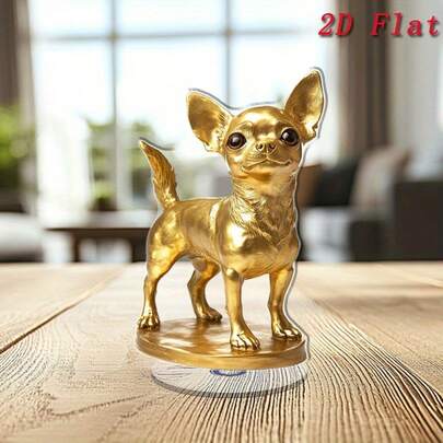 2D亚克力旋转装饰品，采用时尚的2D扁平金色吉娃娃图案，多功能收纳方案，设有3个小物件整理隔层，适合家居和节日装饰礼品。