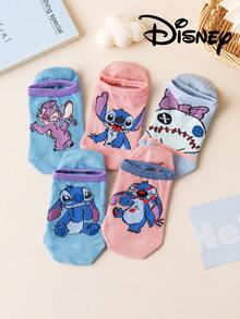 5 Pairs Disney Stitch & Mickey Mouse Printed Ankle Socks, Breathable & Comfortable Summer Invisible Socks, Novelty & Fashionable Women Socks - Multicolor - View 9