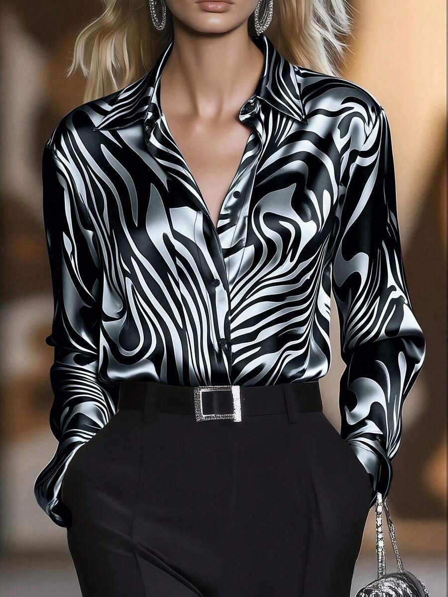 Allover Print Contrast Pattern Button-Up Long Sleeve Shirt For Office Wear Spring Vacation