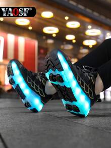 YAOSF Zapatos con ruedas para niños/adolescentes - Versión mejorada con mayor estabilidad, zapatos deportivos 2 en 1 desmontables, zapatos de patinaje sobre ruedas geniales para la calle, zapatos deportivos luminosos para exteriores, zapatos para padres e hijos, nuevos patines en línea, zapatos con luces para la noche, zapatos con ruedas recargables por USB, zapatos con ruedas y luces LED, zapatos deportivos con suela con luces LED para niños/niñas, estudiantes, zapatos con ruedas para deportes al aire libre - Negro - Ver 9