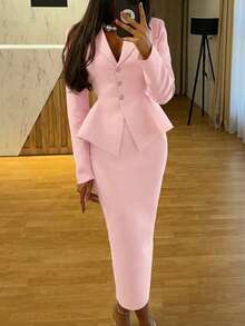 2pcs/Set Elegant Business Formal Suit Blazer + Slit Hem Skirt Outfit Pink Spring - Pink - View 4