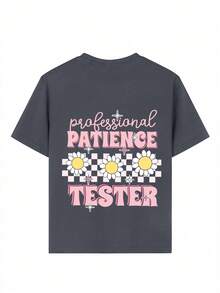 女童休闲印花圆领短袖T恤，夏季上衣 - 深灰色 - 查看 7