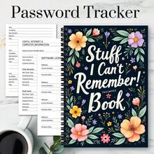 1本彩色花卉螺旋装订密码笔记本 - 70页 “我忘了什么！”设计，海军蓝封面，彩色花卉图案，适用于家庭办公室、电脑登录密码和网站账号，密码本，趣味排版，螺旋装订 - A5 - 查看 2