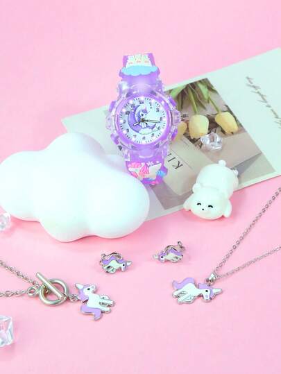 5pcs/Set Girls Unicorn Quartz Watch Bracelet Set - Cute Sweet Style LED Luminous Watch, Soft Silicone Strap, Moon Pony Watch + Necklace + Bracelet + 2 Earrings, Suitable For 3-14 Years Old Girls Birthday, Christmas, Back To School Gift (Purple)