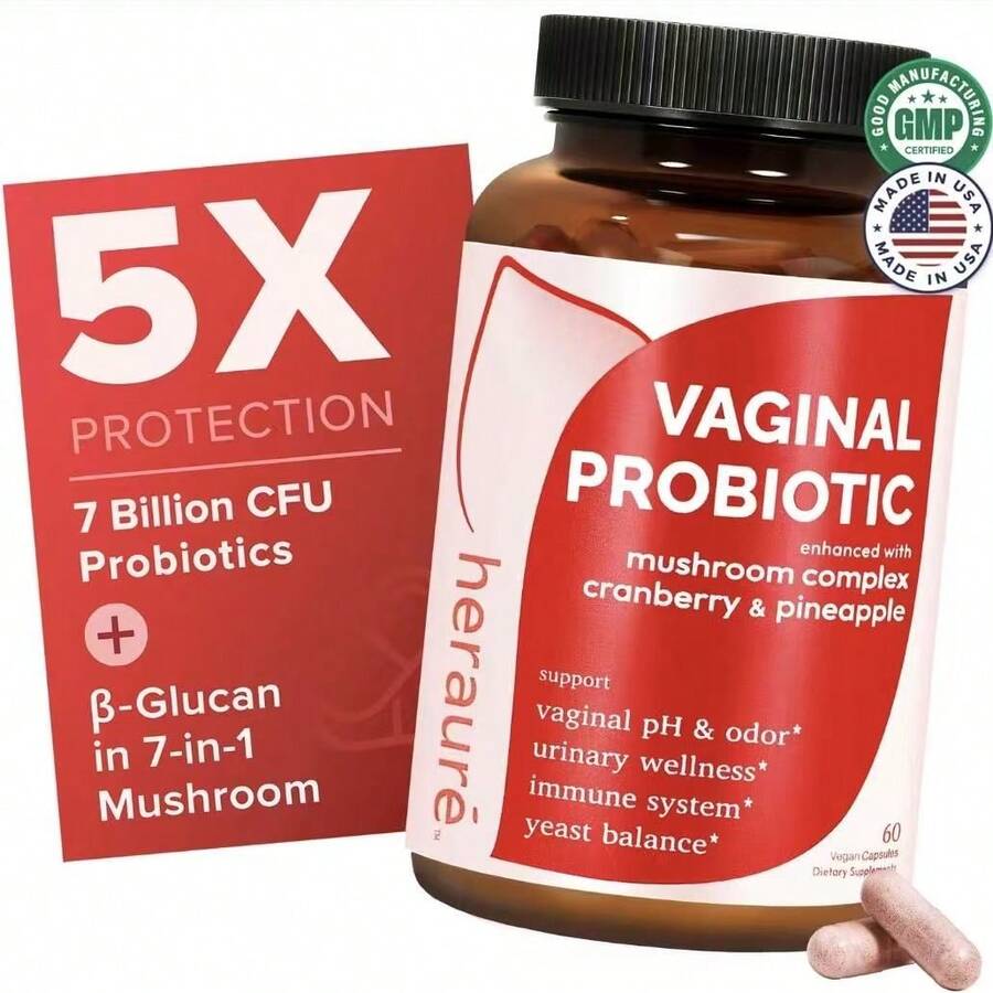 Her*Aure Women's Probiotics - PH Balance, Odor Control, Flora Health,Moistening, Tightening - With 7 Billion CFU Probiotic, Prebiotic, 7-In-1 Mushroom Blend,Cranberry, Pineapple - 60 Capsules (Pack Of 1),Self-Care Gift, - 60 capsule - 查看 1