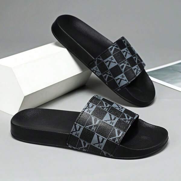 Mules imprimées pour hommes, design à carreaux avec lettres, semelle souple antidérapante, chaussures polyvalentes pour intérieur et extérieur
