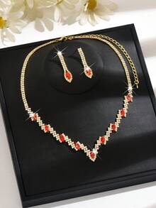Sparkling Gold Crystal Jewelry Set, Women's V-Neck Necklace & Earrings, Suitable For Bridesmaids, Wedding Guests, Formal Occasions, Ramadan Gifts - 1806 Golden Red-hB - View 3