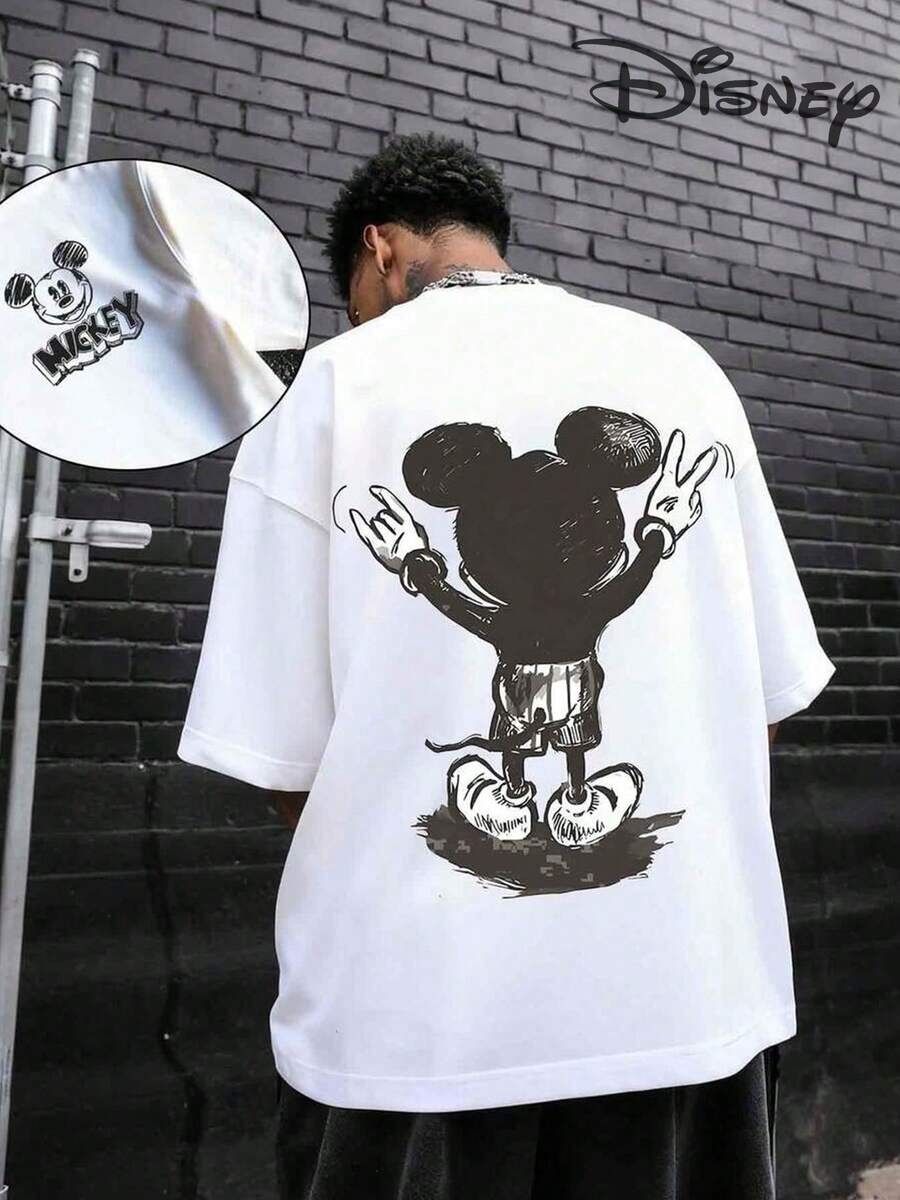 Disneyland Street Life Men's Casual Loose Valentine's Day Love Cartoon Print Short Sleeve T-Shirt ,100% Cotton Material, Men's Summer Shirt, Pin-Up Aesthetic Diamond-Encrusted Logo Graphic T-Shirt, Suitable For Adults' Wear, Casual And Fashionable, Versatile For All Occasions, Urban Style, Suitable For Costume At Carnivals And Valentines Day, And Also A Choice For Daily Casual Wear.Vintage T Shirts,Camisetas Para Hombre,Graphic T Shirts - White - View 1