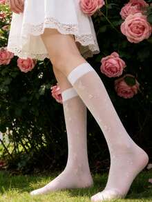 3双小碎花透明中筒袜，柔软透气，显瘦效果，清新学院风，美观小腿袜 - 彩色 - 查看 3