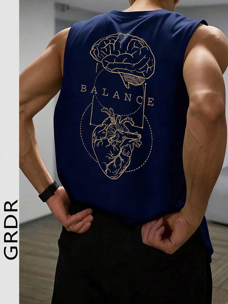 GRDR Men's Summer Printed Round Neck Casual Tank Top - Navy Blue - View 1