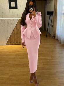 2pcs/Set Elegant Business Formal Suit Blazer + Slit Hem Skirt Outfit Pink Spring - Pink - View 3