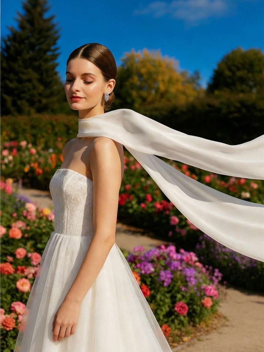 1件长款新娘头纱，145英寸白色婚纱披肩，简约薄纱披肩，适合婚礼、私奔仪式、婚宴和新娘写真配饰 - 白色 - 查看 1