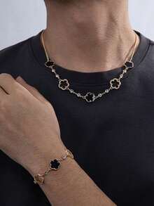 1 Set de joyería de collar con colgante de trébol hueco verde de alta gama y pulsera, de moda y elegante para hombres - Negro - Ver 1