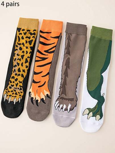 4 pary kolorowych, sezonowych skarpetek z nadrukiem tygrysa do połowy łydki, urocze i modne skarpetki, ciekawe długie skarpetki, kreatywne i zabawne skarpetki ze wzorem zwierzęcym, nowatorski prezent skarpetkowy odpowiedni dla nastolatków
