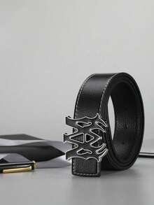 Men's Fashion Letter Push Buckle Belt, Premium Black PU Faux Leather Belt With Adjustable Push Buckle | 5 Buckle Colors (Gold/Silver/Black/Gold-Black/Silver-Black), Suitable For Formal And Casual Wear, 120cm Length, Ideal Gift For Men - Multicolor - View 12