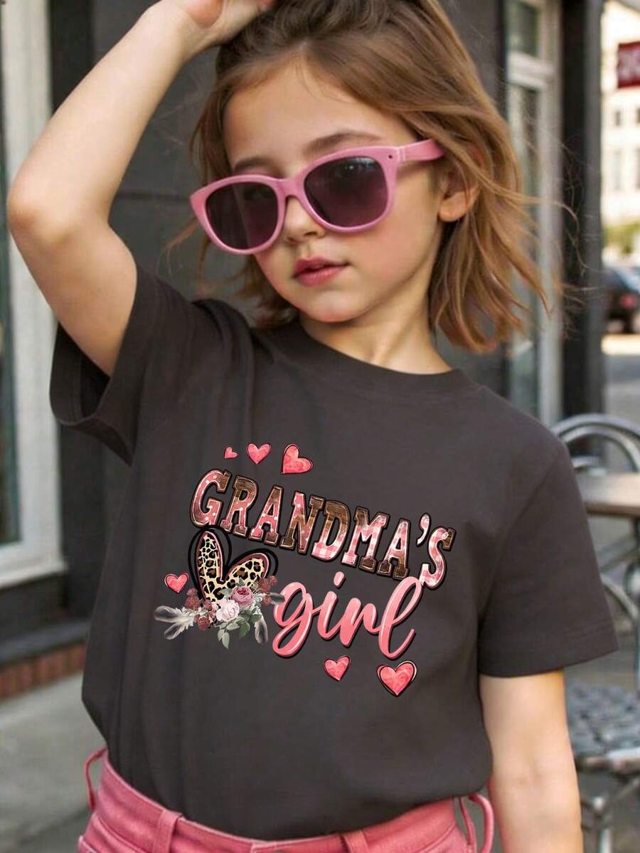 Camiseta de cuello redondo de manga corta con estampado gráfico informal para niña, top de verano - Gris Oscuro - Ver 1