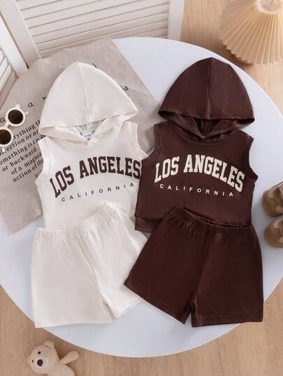 4pcs Summer Baby Boy Casual Sports Minimalist Apricot & Brown Print Hooded Vest With Front Print Decor Matched With Apricot & Brown Shorts, 2 Sets Outfit For School, Daily, Sports Wear