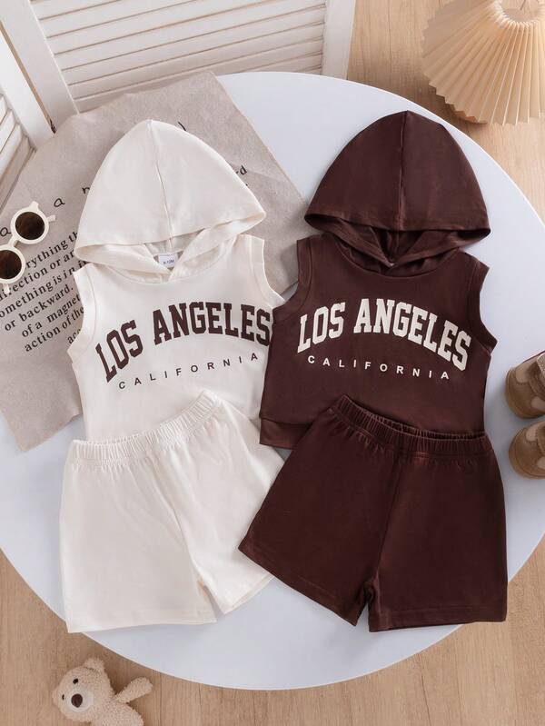 4pcs Summer Baby Boy Casual Sports Minimalist Apricot & Brown Print Hooded Vest With Front Print Decor Matched With Apricot & Brown Shorts, 2 Sets Outfit For School, Daily, Sports Wear
