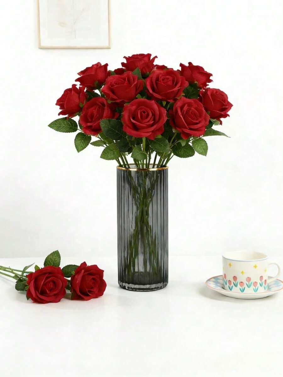 30pcs Artificial Burgundy Rose Flowers, Fake Roses, For DIY Wedding Bouquet, Valentine's Day Gift, Tabletop Decor, Bridal Shower, Valentine's Day, Mother's Day, Birthday Party Home Decoration - Burgundy - View 1