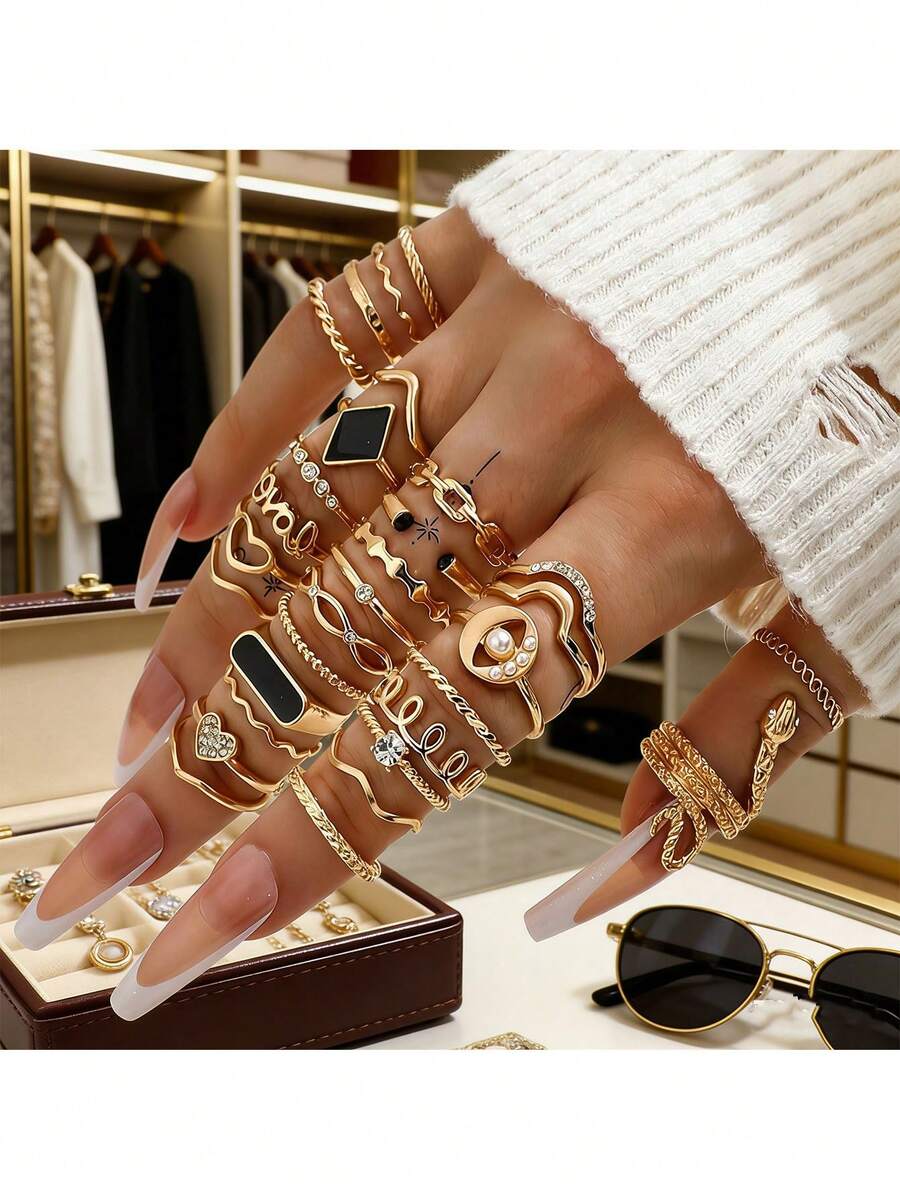 Juego de 29 anillos para mujer, estilo INS con gemas falsas incrustadas, diseños de corazón y serpiente con perlas falsas, anillos apilables multicomponentes con esmalte, perfectos para fiestas y uso diario - Multicolor - Ver 1