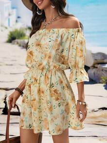 Women's Floral Print Off-Shoulder Loose Vacation A-Line Mini Dress - Yellow - View 4