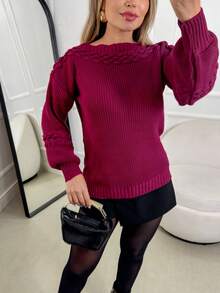 Women's Knit Blouse With Inverted Braid, Long Puff Sleeves, Ribbed Cuffs, Fashion Knitwear For Winter - Granada - View 4