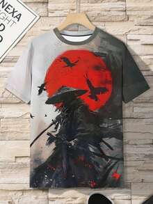 3D Digital Print Japanese Samurai Pattern Men's T-Shirt, Summer Outdoor Sports Men's Short Sleeve Top, Refreshing Casual Holiday Gift Men's T-Shirt - Red - View 3