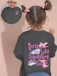 女童休闲印花圆领短袖T恤，夏季上衣 - 深灰色 - 查看 3