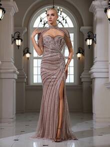 亮片刺绣流苏3D花朵优雅性感修身开衩晚礼服 / 适合婚礼、鸡尾酒会、宴会和派对 - 卡其色 - 查看 5