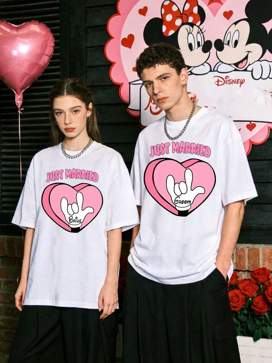 Disney Valentine's Day Limited Edition 180g Heavyweight Pure Cotton T-Shirt - Casual And Loose-Fitting, Versatile Couple's Top - 白色 2 - 查看 1