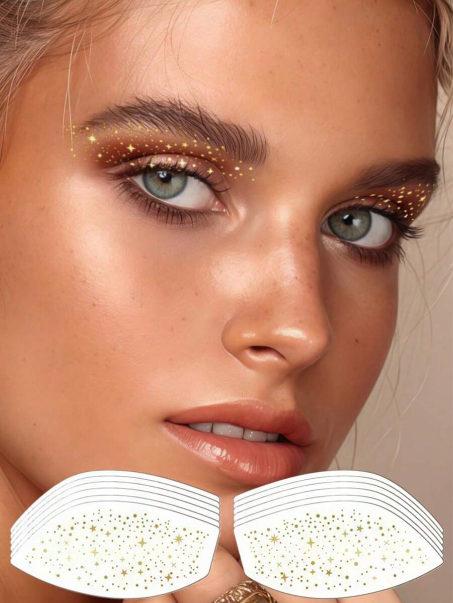 6张金色闪光眼部纹身贴纸，闪亮脸部纹身，防水金色眼影纹身，适用于节日派对、狂欢节、舞会礼物、情人节、夏季狂欢节装饰、复活节配饰 - 金色 - 查看 1