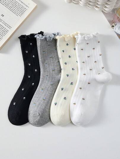 4 par damstrumpor till halva vaden, ventilerande strumpor i Lolita-ballerinastil, damstrumpor med spets och blommiga volanger, lämpliga för sport och fritid