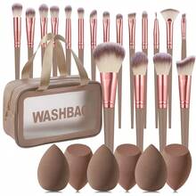 25PCS Makeup Tools Set Including:18PCS Makeup Brush Set+1pc Multi-Functional Zipper Toiletry And Cosmetic Bag Waterproof+6PCS Makeup Sponges - Brown - View 11