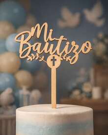 Cake Topper Bautizo Mi Bautizo de Madera MDF Natural con Cruz | Decoración de Pastel para bautizo de Bebé Niño, Niña o Género Neutral - Café integral - Ver 1