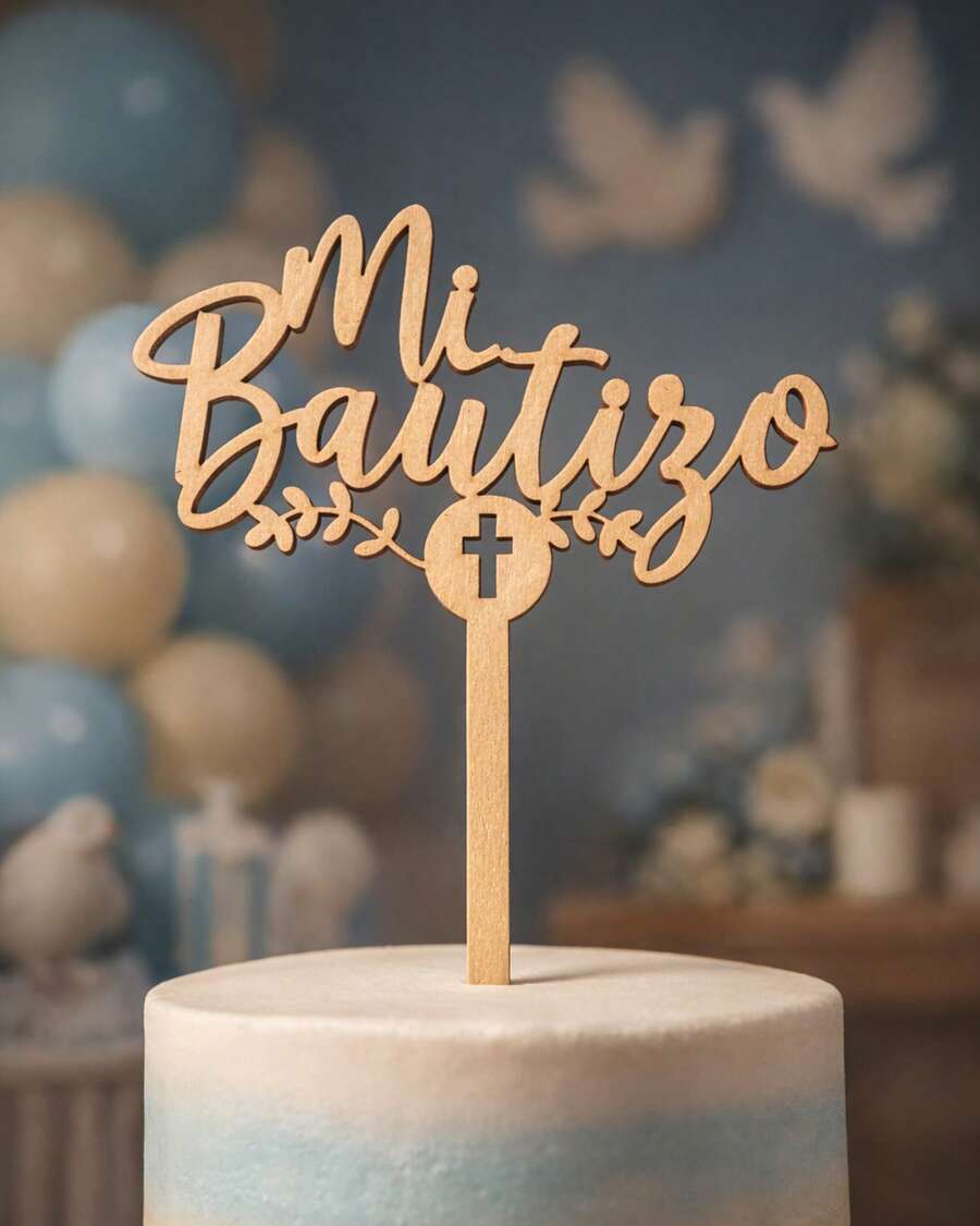Cake Topper Bautizo Mi Bautizo de Madera MDF Natural con Cruz | Decoración de Pastel para bautizo de Bebé Niño, Niña o Género Neutral - Café integral - Ver 1
