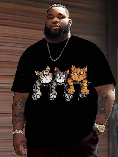 加大码男士休闲圆领T恤，涤纶针织面料，舒适透气，时尚休闲街头风“可爱三只猫咪跳出来”图案T恤，新颖个性化上衣