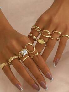 12 piezas Juego de anillos con tono dorado para mujeres - Anillos de declaración con cadena gruesa, asimétricos, geométricos, de perlas falsas, estilo bohemio Y2K retro, apilables, para uso diario y de fiesta - 12 piezas de perla - Ver 6